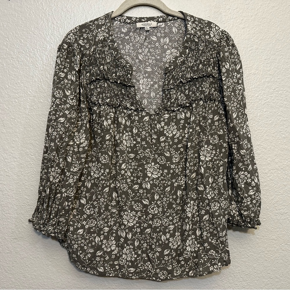 Angels Forever Young |  Women’s Large 3/4 Sleeve Green/White Floral Print Blouse